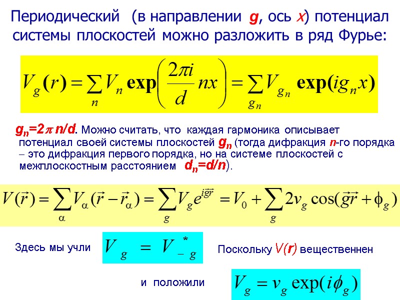 Периодический  (в направлении g, ось x) потенциал системы плоскостей можно разложить в ряд